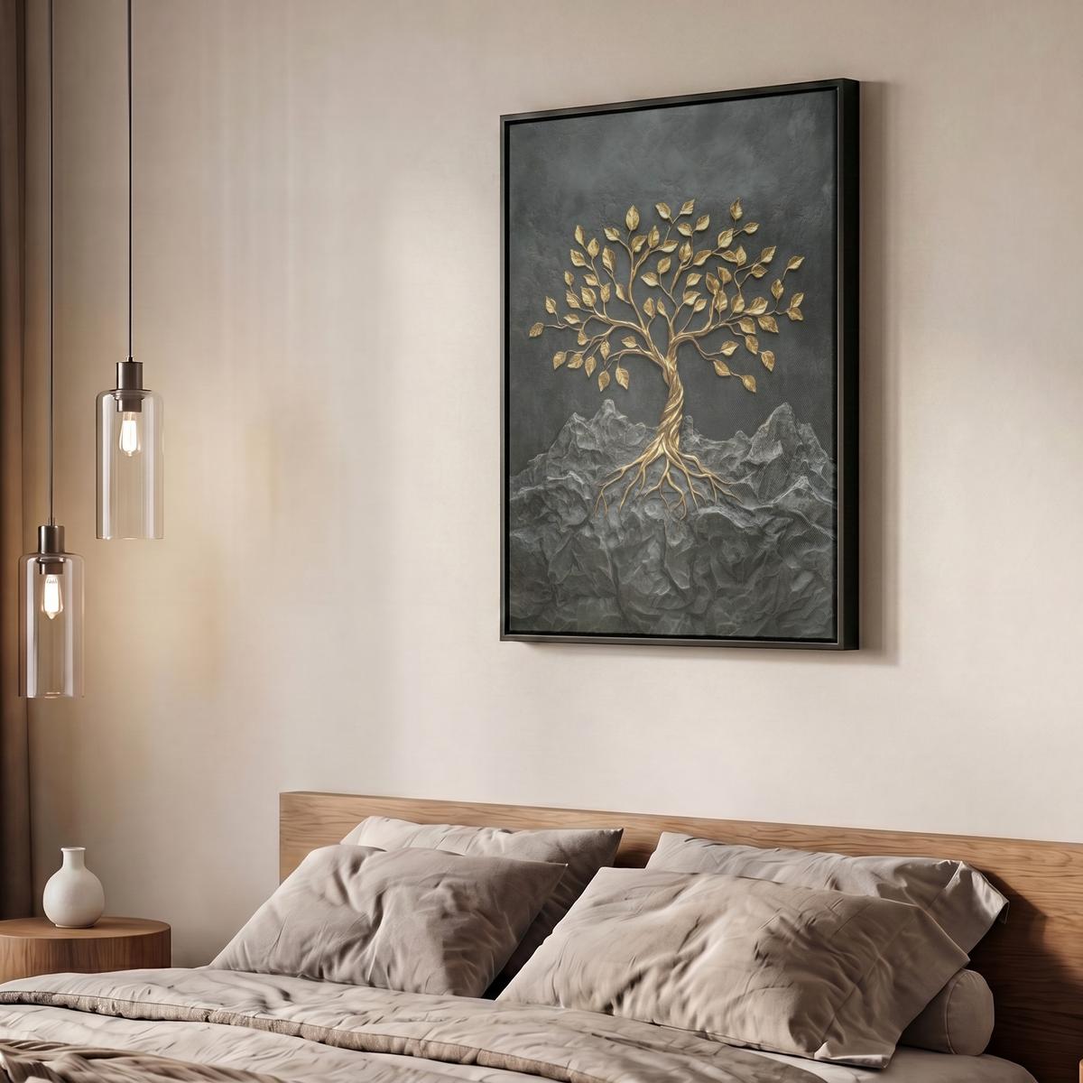LEINWAND Bilder mit Rahmen - Blätter - Gold - Baum - Fels - 50x70 - Schwarz, Textil (50/70cm) - MuchoWow