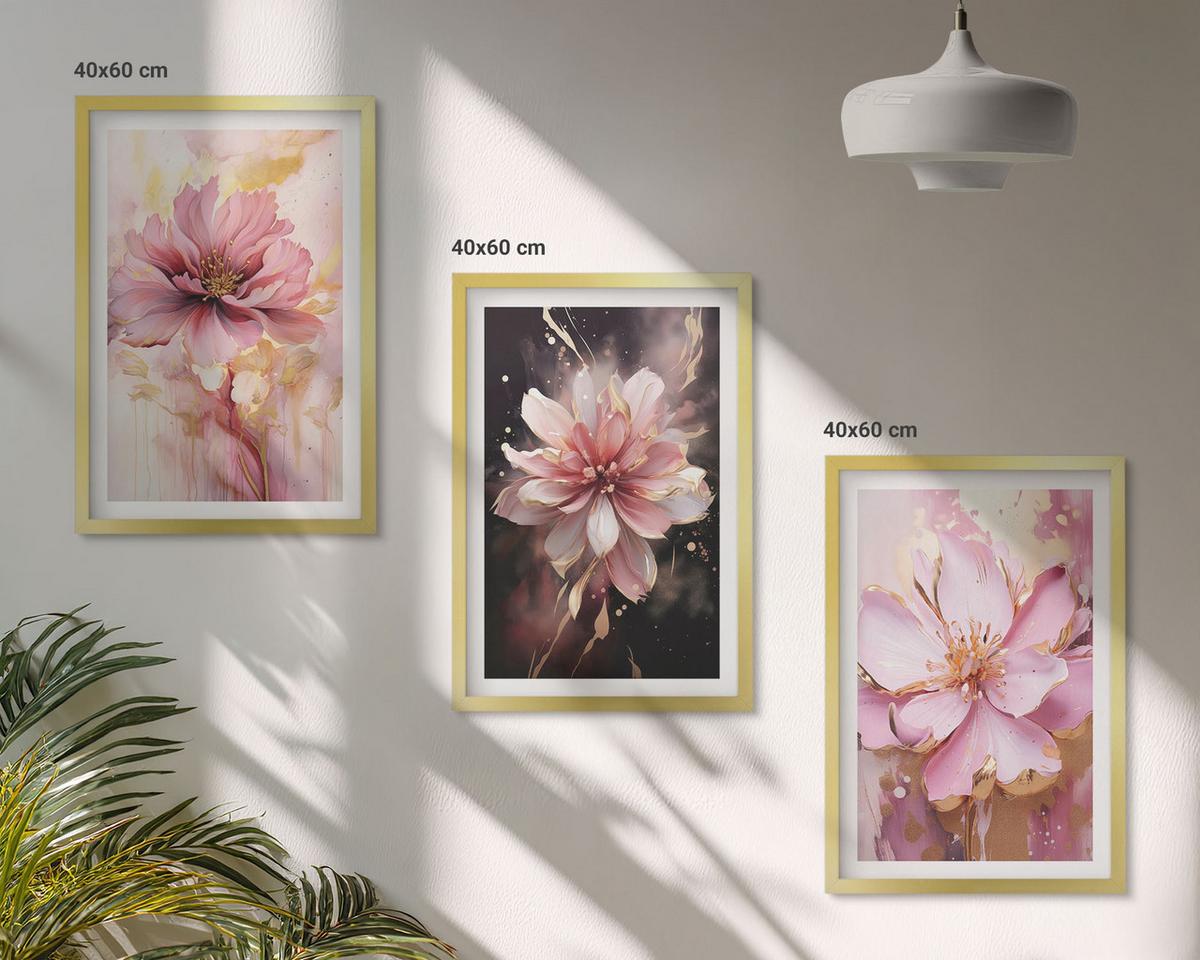 BILDER SET 3er Set - 40x60 cm Goldrahmen - Blumenkompositionen aus Rosen und Weiß - Goldfarben, Kunststoff (40/60cm) - TULUP
