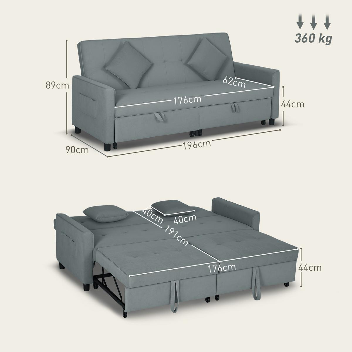 SCHLAFSOFA Polyester Eukalyptusholz Grau - Grau, Textil (90/89/196cm) - HOMCOM