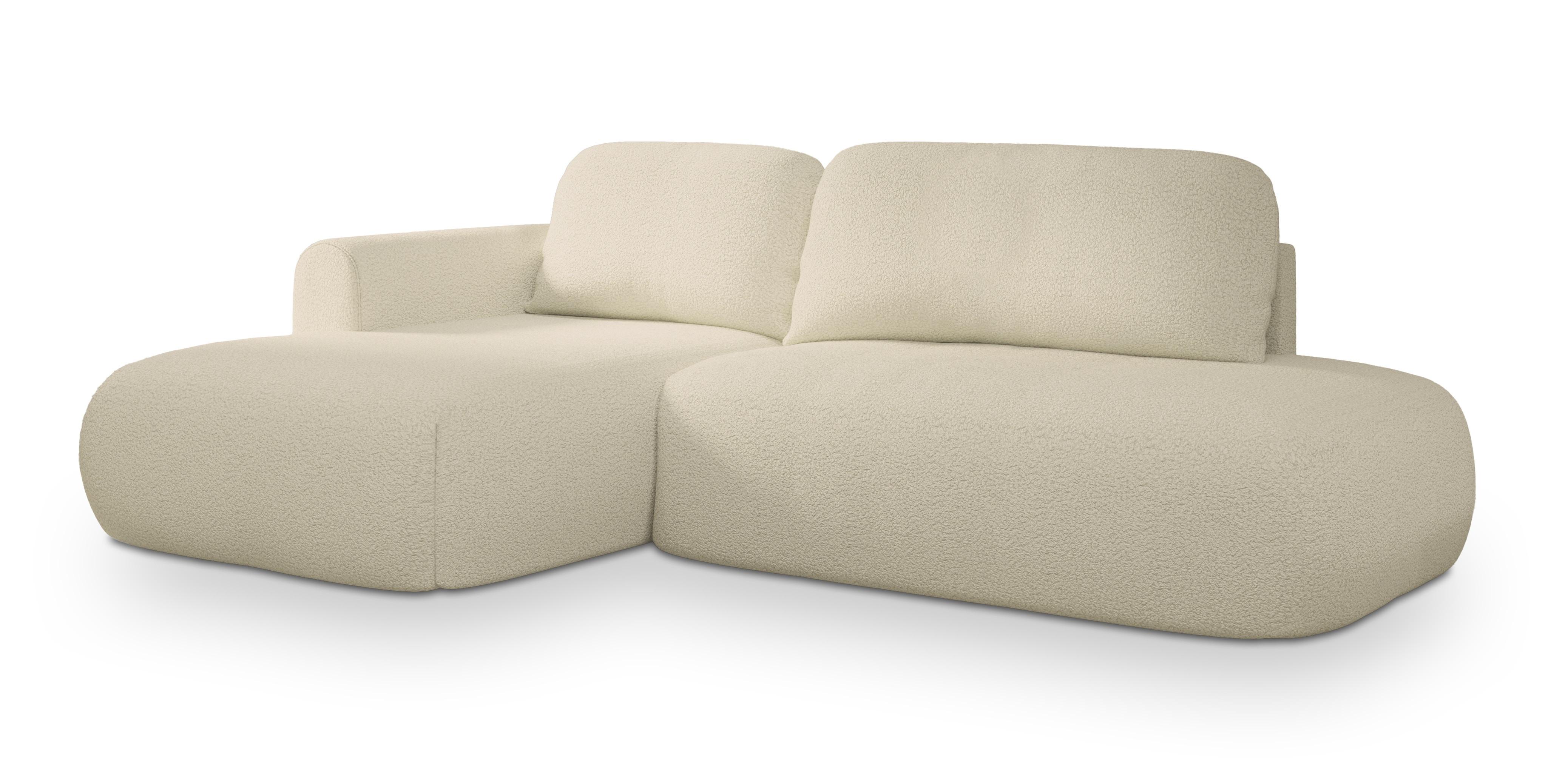 ECKSOFA NUVIRA L-S Creme Boucle-Stoff mit Schlaffunktion - Creme, Holz (279/158cm) - MASSENO