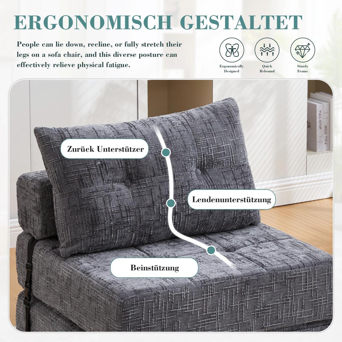 KLAPPBARER Chenille-Sessel mit Kissen, 79 x 79 x 57 cm, Grau - Grau, Textil (79/57/79cm) - Urban Meuble