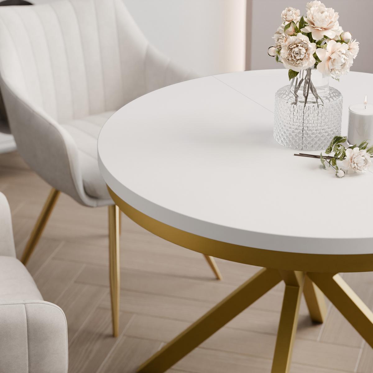 AUSZIEHTISCH MILTON 90-166/76 cm mit Metallgestell und Zarge, Gold / Arktisweiß - Goldfarben/Weiß, Holzwerkstoff/Metall (90/90/76cm) - Idohome