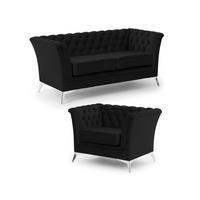 SITZGARNITUR 2+1 Chesterfield Whitby Schwarz Samt mit silbernen Füßen - Silberfarben/Schwarz, Holz/Textil (175/78/82cm) - S-Style Möbel