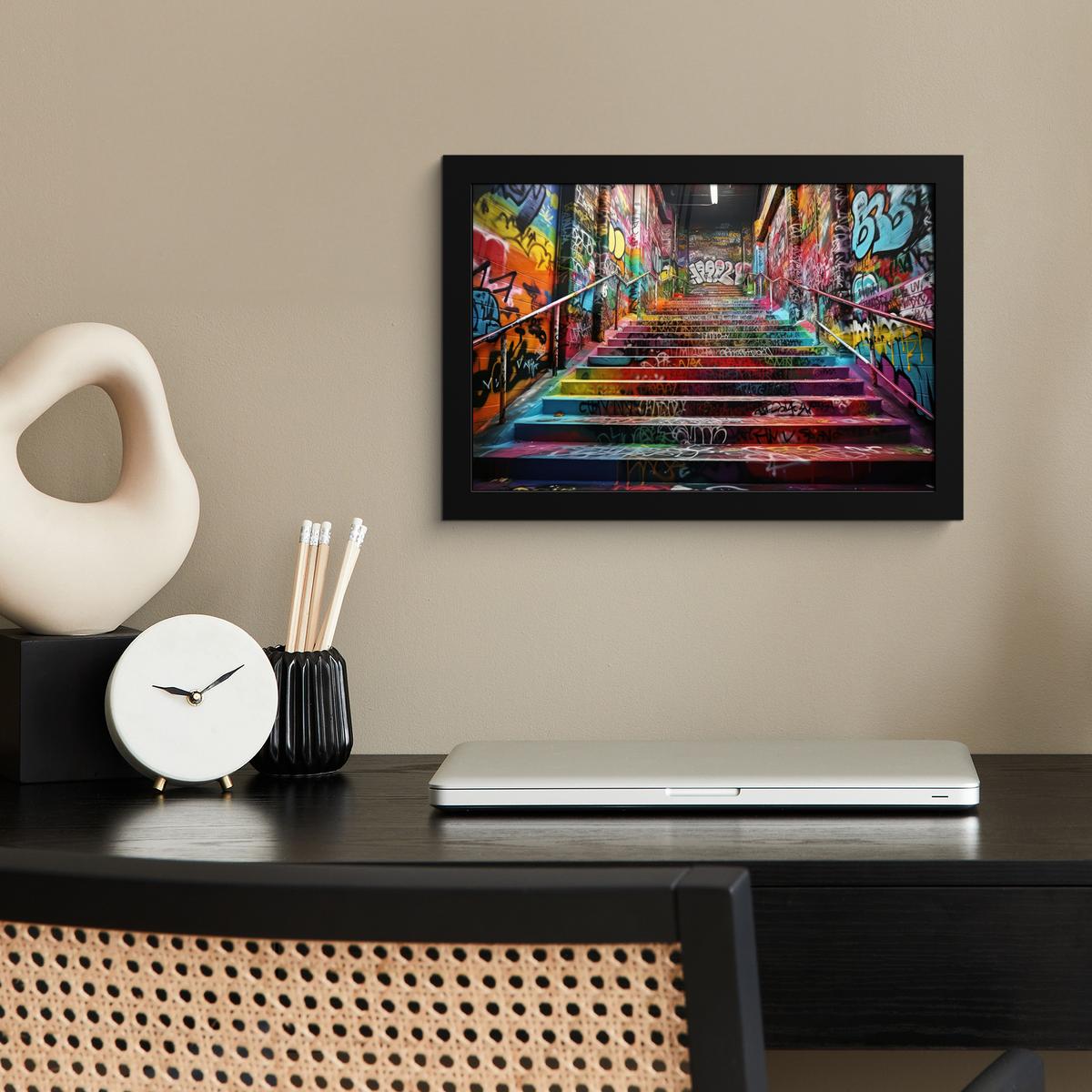 POSTER MIT RAHMENGERAHMTES BILD Treppe - Graffiti - Farben - Kunst 30x20 cm - Multicolor, Papier (30/20cm) - MuchoWow