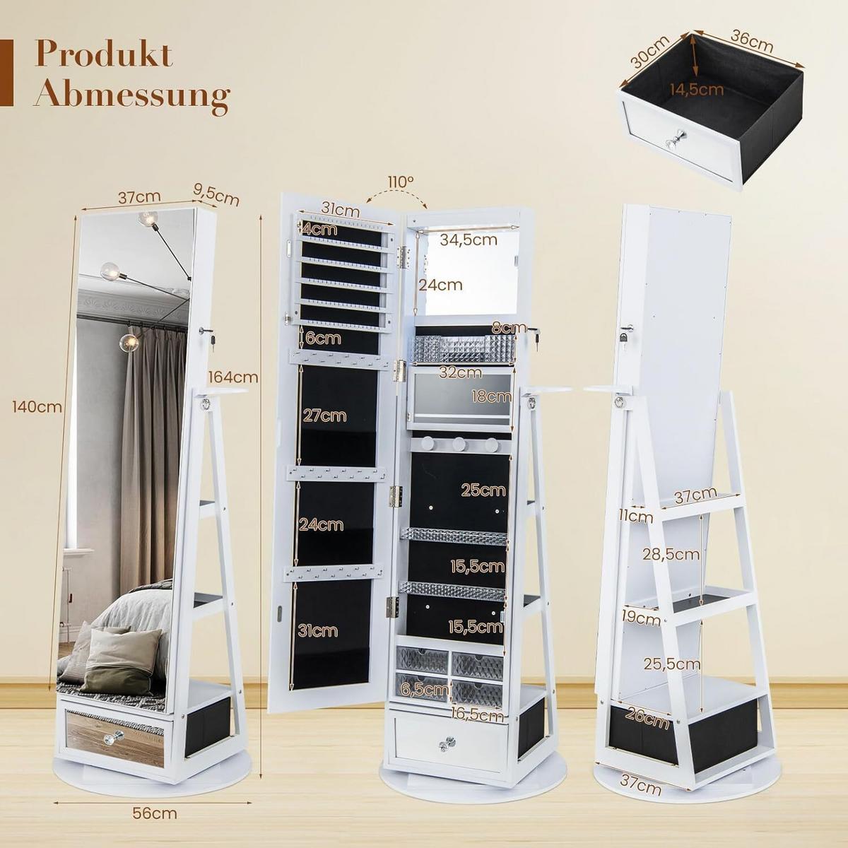 SCHMUCKSCHRANK 164cm Weiß - Weiß, Holz (56/164/37cm) - COSTWAY