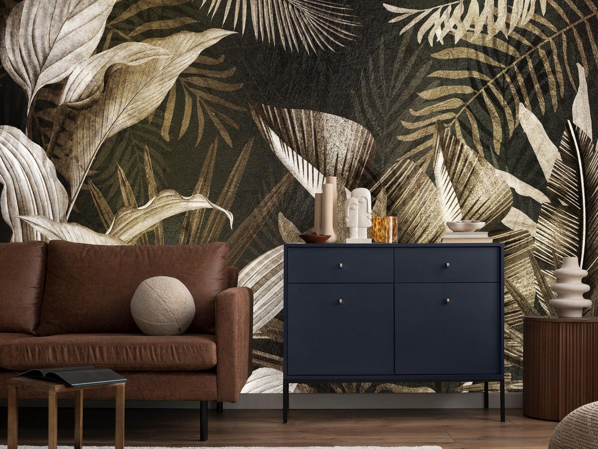 FOTOTAPETE tropische Blätter Pflanzen Retro 450x315 - Beige/Grau, Papier (450/315cm) - Muralo