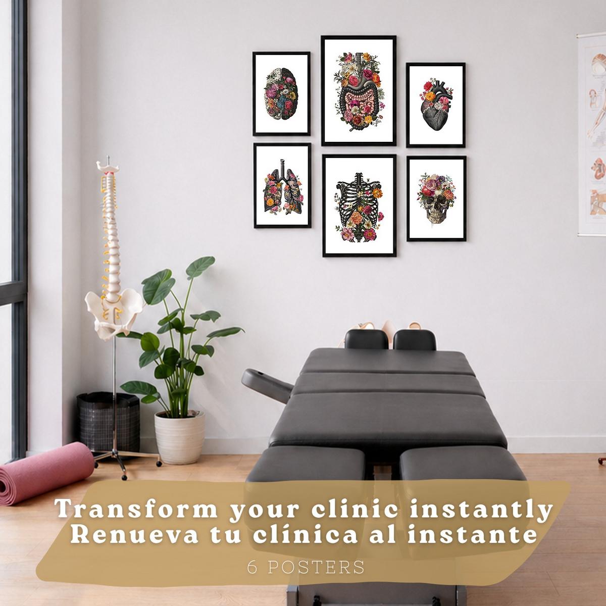 POSTER Set aus 6 Botanische Anatomie Drucke mit Herz Lungen Wirbelsäule Becken und Rippen Beige Terrakotta Erdtöne Florales Schwarzer Rahmen A3 & A4 - Schwarz, Papier (21/29.7/3cm) - Nacnic
