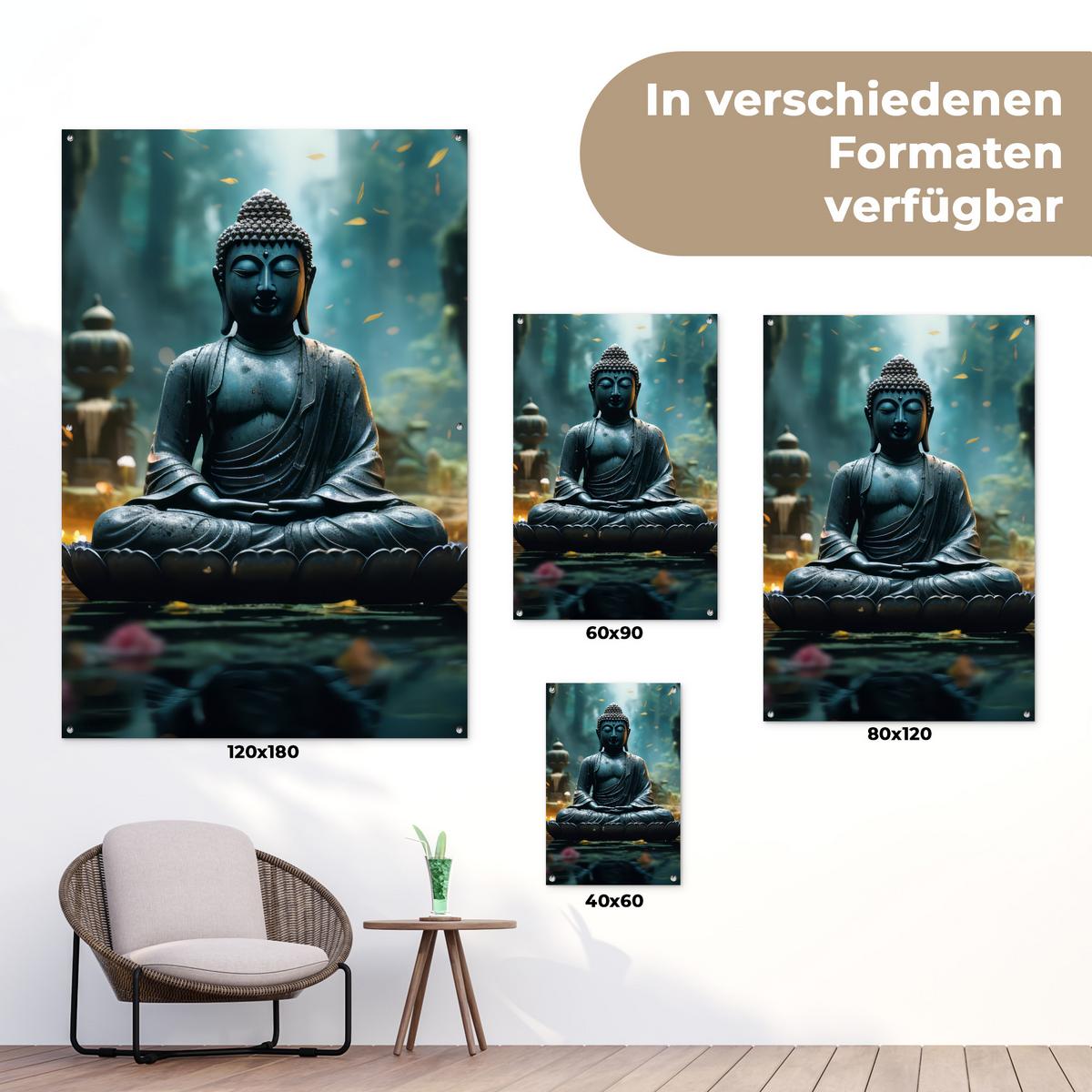 GARTENPOSTER Buddha - Statue - Buddha - Zen - Kunst - Buddha Outdoor Bilder 80x120 cm - Dunkelgrau, Kunststoff (80/120/0.2cm) - OnlyWow