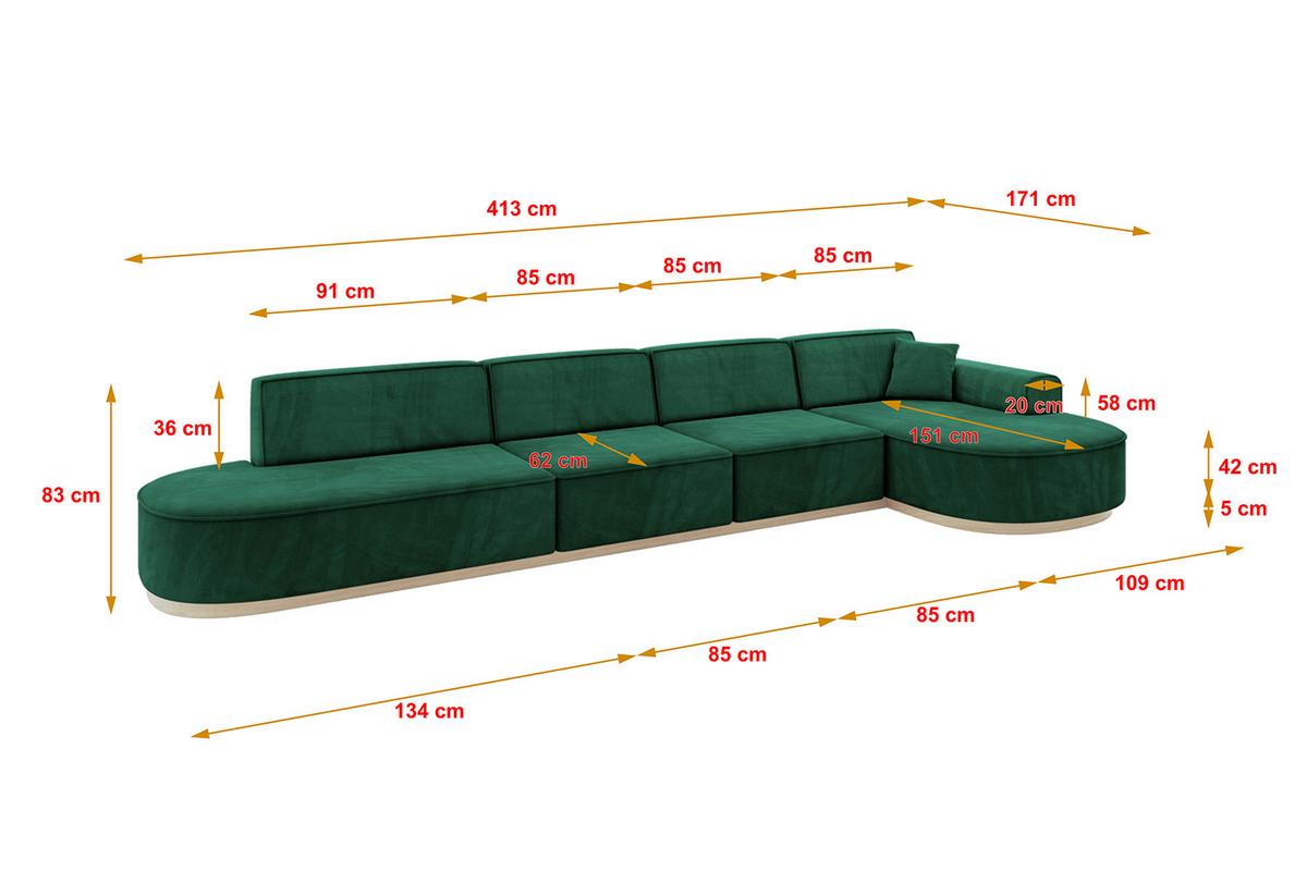 ECKSOFA Ottomane Rechts MARI-L3-v1 - 413x171x83 cm Grün Velours - Grün, Holzwerkstoff/Textil (171/413cm) - ALTDECOR