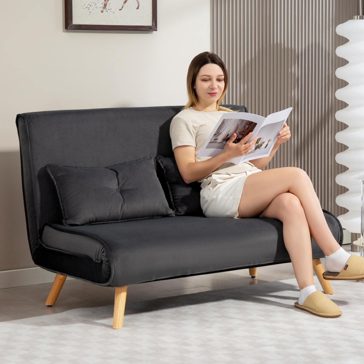 SCHLAFSOFA 3 in 1, 120 x 190 cm Schlaffunktion, Lendenkissen - Dunkelgrau/Naturfarben, Holz/Textil (75/87/120cm) - HOMCOM