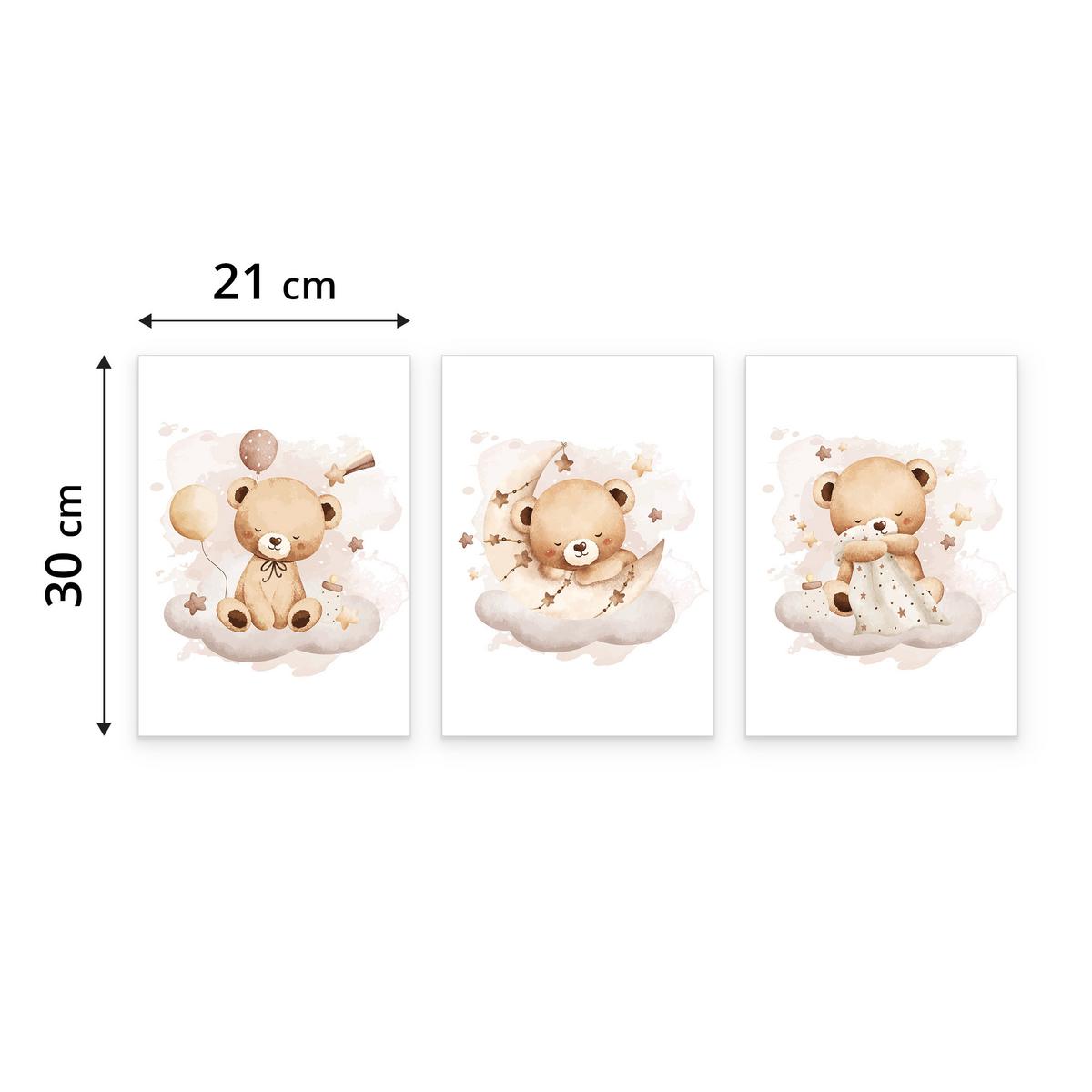 POSTER SET für Kinderzimmer Schlafende Bären auf Wolken Sterne 3x Poster A4 21x30cm - Beige/Braun, Papier (21/30/1cm) - Muralo
