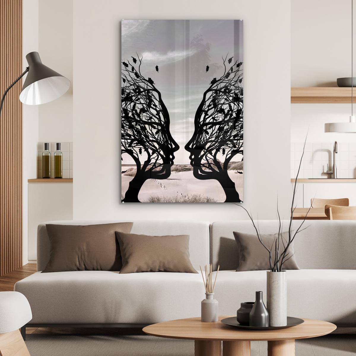ACRYLGLASBILD Strand - Meer - Menschen - Baum - Moderne Kunst 80x120 cm - Hellgrau, Glas (80/120cm) - MuchoWow