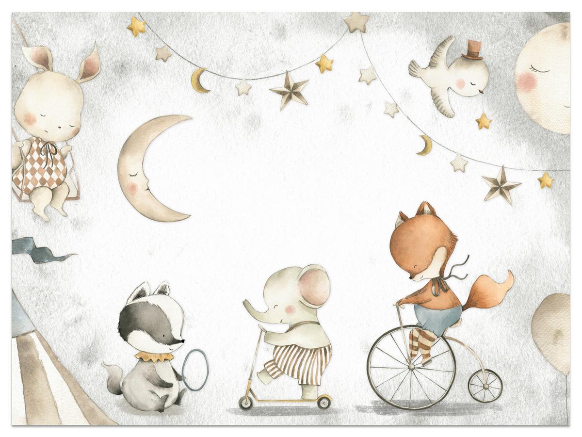 FOTOTAPETE für Kinderzimmer Zirkus Tiere Elefant Fuchs Monde Sterne 100x70 - Gelb/Beige, Papier (100/70cm) - Muralo
