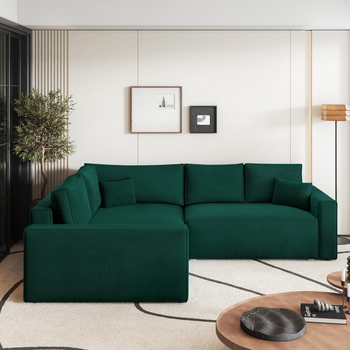 ECKSOFA ERONIS L-S Grün Velours-Stoff mit Schlaffunktion - Grün, Holz (265/194cm) - MASSENO