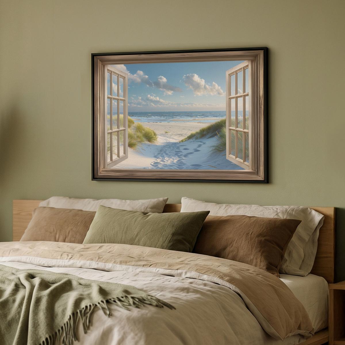 LEINWAND Bilder mit Rahmen - Aussicht - Strand - Fenster - Dünen - Meer - 80x60 - Hellblau, Textil (80/60cm) - MuchoWow