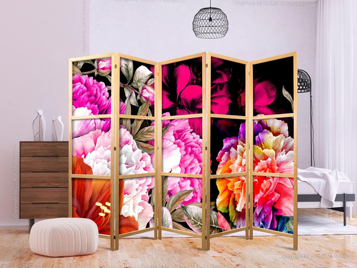 PARAVENT Japanischer 5-tlg 225x172 cm Bunte Blumen - Multicolor, Holz/Textil (225/172/3cm) - Muralo
