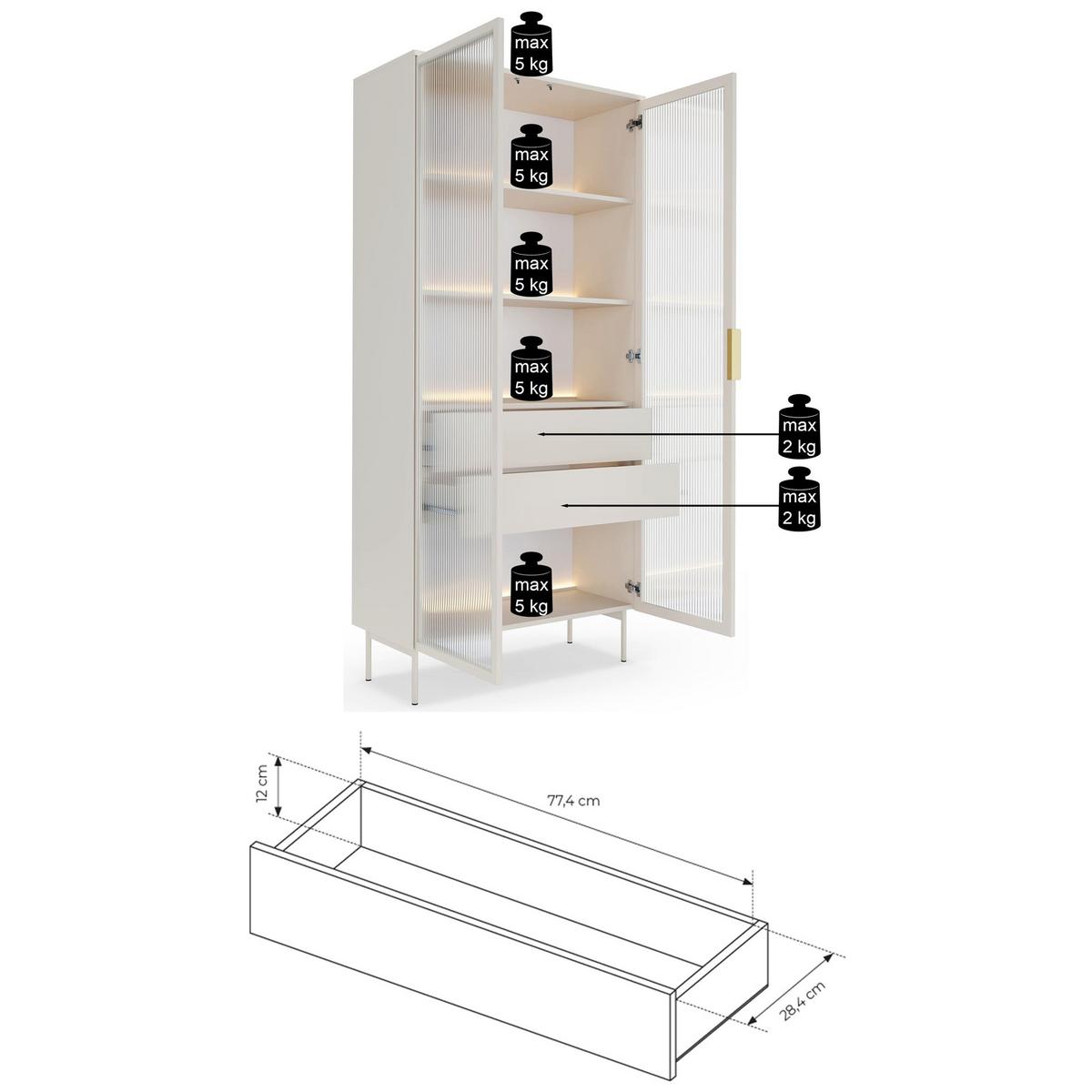 VITRINE Lumi mit LED Taupe 91 cm - Taupe/Goldfarben, Holzwerkstoff/Metall (91.5/194.6/39.3cm) - Selsey