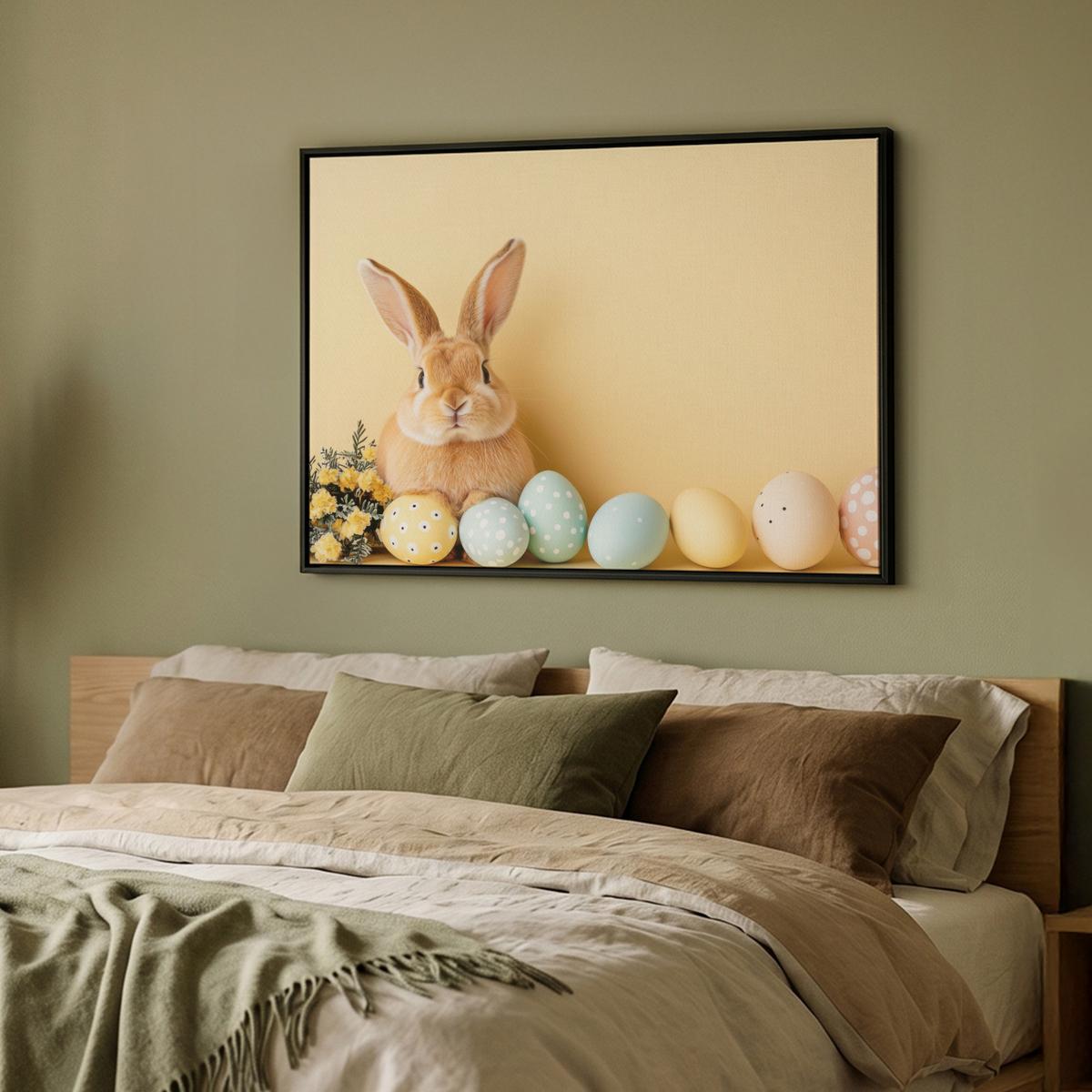 LEINWAND Bilder mit Rahmen - Eier - Kaninchen - Pastellfarbtöne - 100x70 - Hellgelb, Textil (100/70cm) - MuchoWow