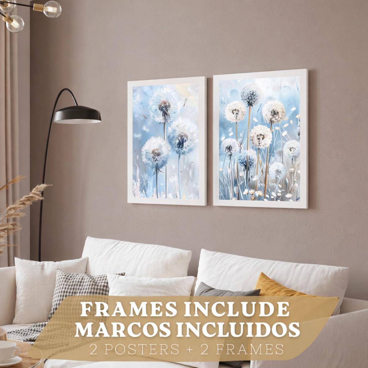 POSTER 2er Kunstdruck-Set Wandbilder Blumen Blau modern Wohnzimmer Deko, Schlafzimmer, Küche, Badezimmer Weißer Rahmen A4 - Weiß, Papier (29.7/1/21cm) - Nacnic