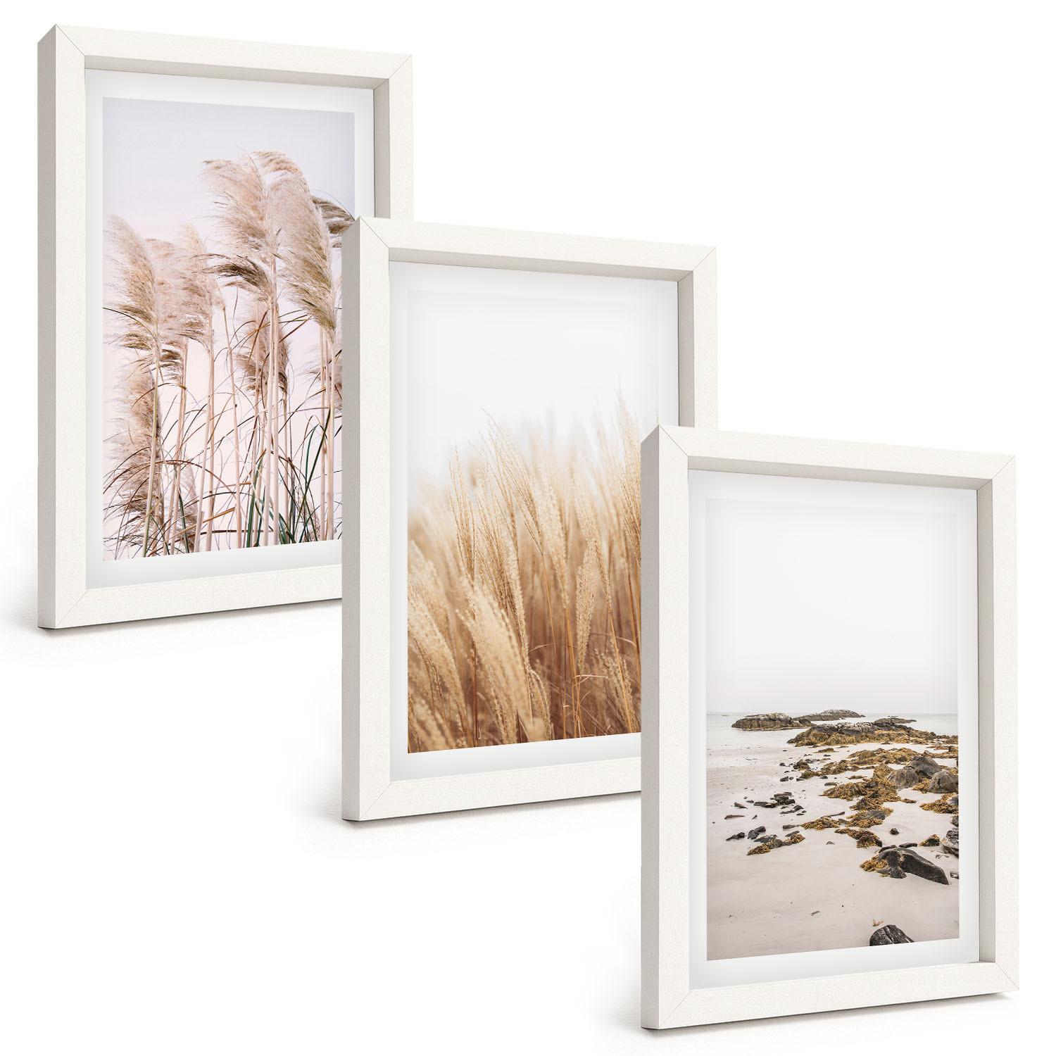 BILDER SET 3er Set - 20x30 cm Weißer Rahmen - Pampasgrasfelder und ein Boho-Strand - Weiß, Kunststoff (20/30cm) - TULUP