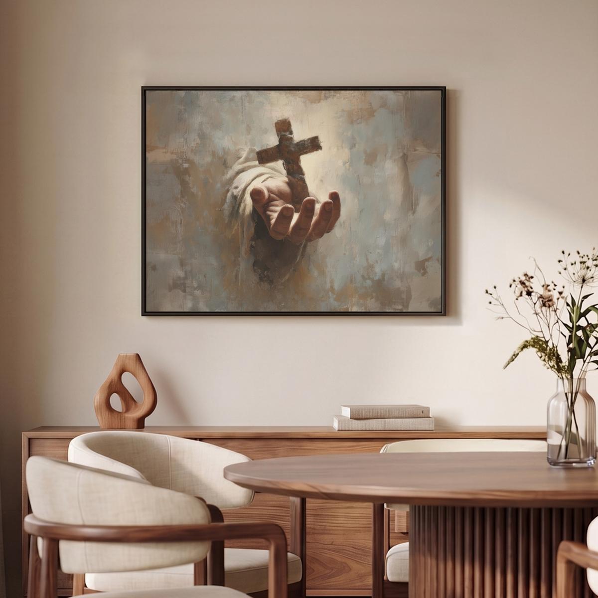 LEINWAND Bilder mit Rahmen - Abstrakt - Kreuz - Hand - Christentum - 80x60 - Hellbraun, Textil (80/60cm) - MuchoWow