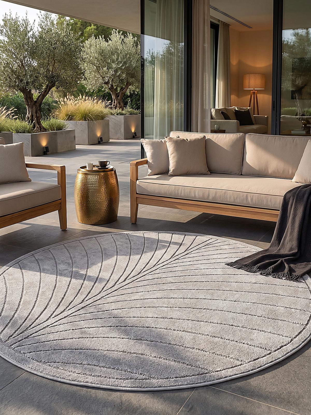 TEPPICH Outdoor, Fußbodenheizung-geeignet, mit Blattmotiv, aus Polypropylen, ENGADIN in Silbergrau, Ø 120 cm - Grau, Textil (120/120cm) - KADIMA DESIGN