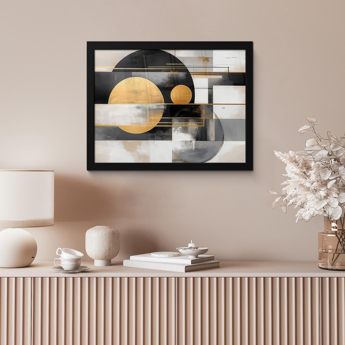 POSTER MIT RAHMENGERAHMTES BILD Abstrakt - Gold - Silber - Formen - Ästhetisch - Modern 40x30 cm - Goldfarben, Papier (40/30cm) - MuchoWow