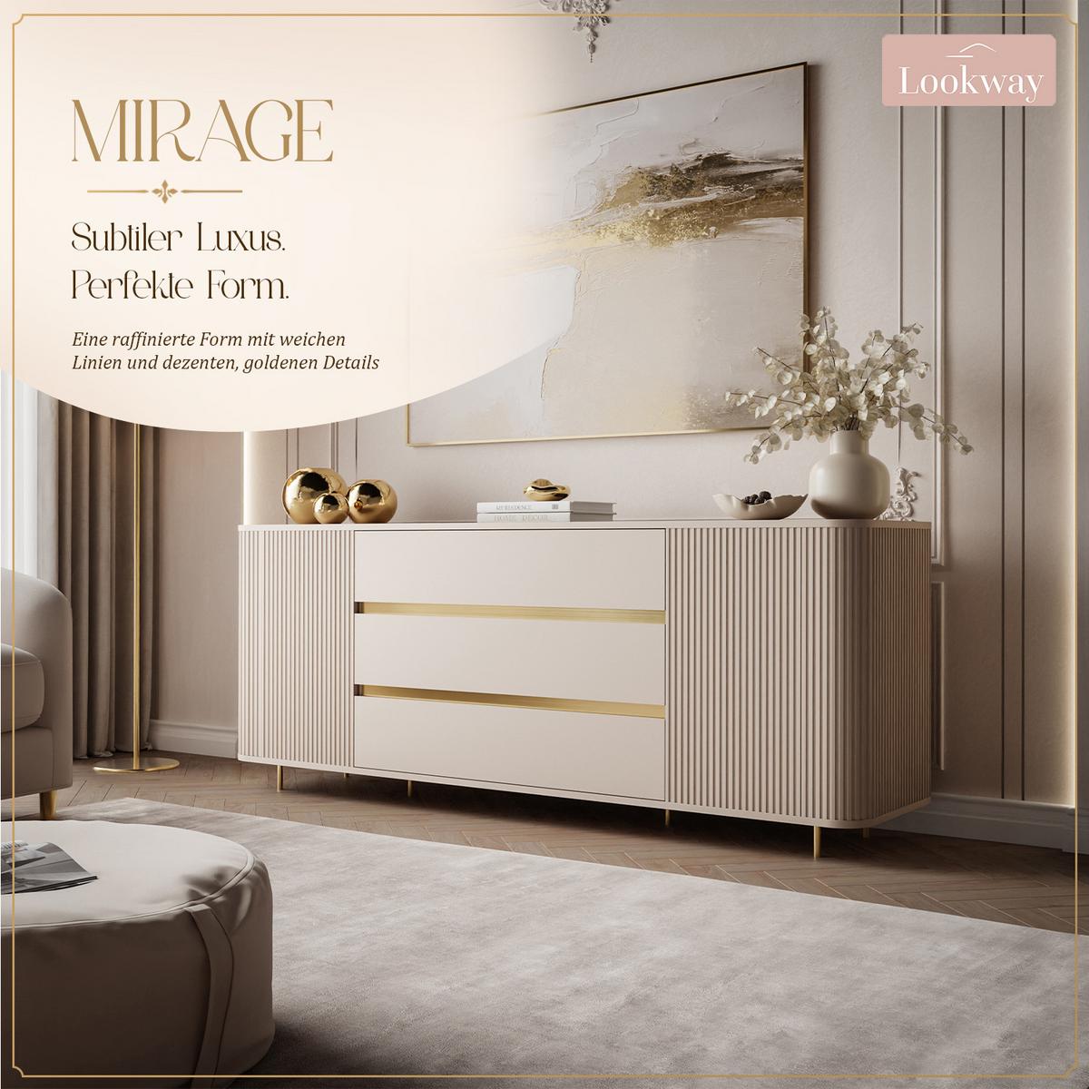 KOMMODE MIRAGE GOLD 2D3S mit geriffelten Seiten und goldenen Details - Beige, Holzwerkstoff (180/73/40cm) - Lookway