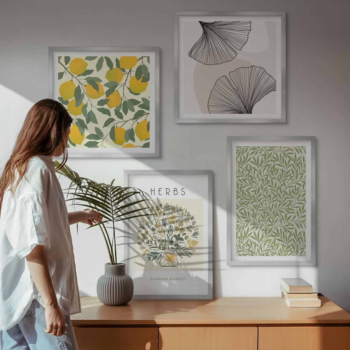 BILDER SET 4er Set - 50x50 cm & 40x60 cm Silberner Rahmen - Zitronenkräuter und -blätter - Silberfarben, Kunststoff (50/50cm) - TULUP