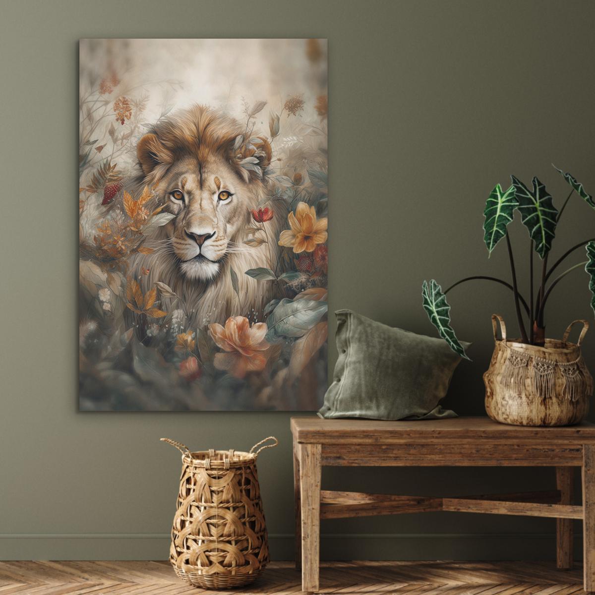 AKUSTIKBILD Löwe - Wildtiere - Pflanzen - Natur - Blumen Wanddeko 70x100 cm - Beige, Kunststoff (70/100/0.9cm) - MuchoWow