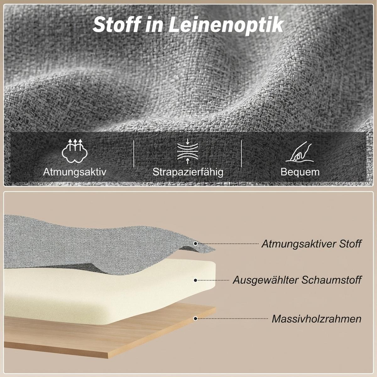 SCHLAFSESSEL Leinenoptik 100 Polyester Hellgrau - Hellgrau/Schwarz, Kunststoff/Textil (65.5/81/104cm) - HOMCOM