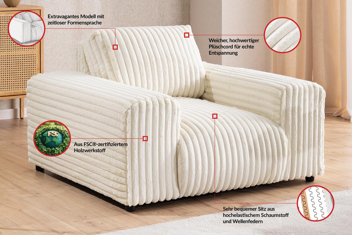 SITZGARNITUR 3+1 Mollis Hellbeige Plüschcord - Beige/Schwarz, Holz/Kunststoff (213/79/108cm) - S-Style Möbel