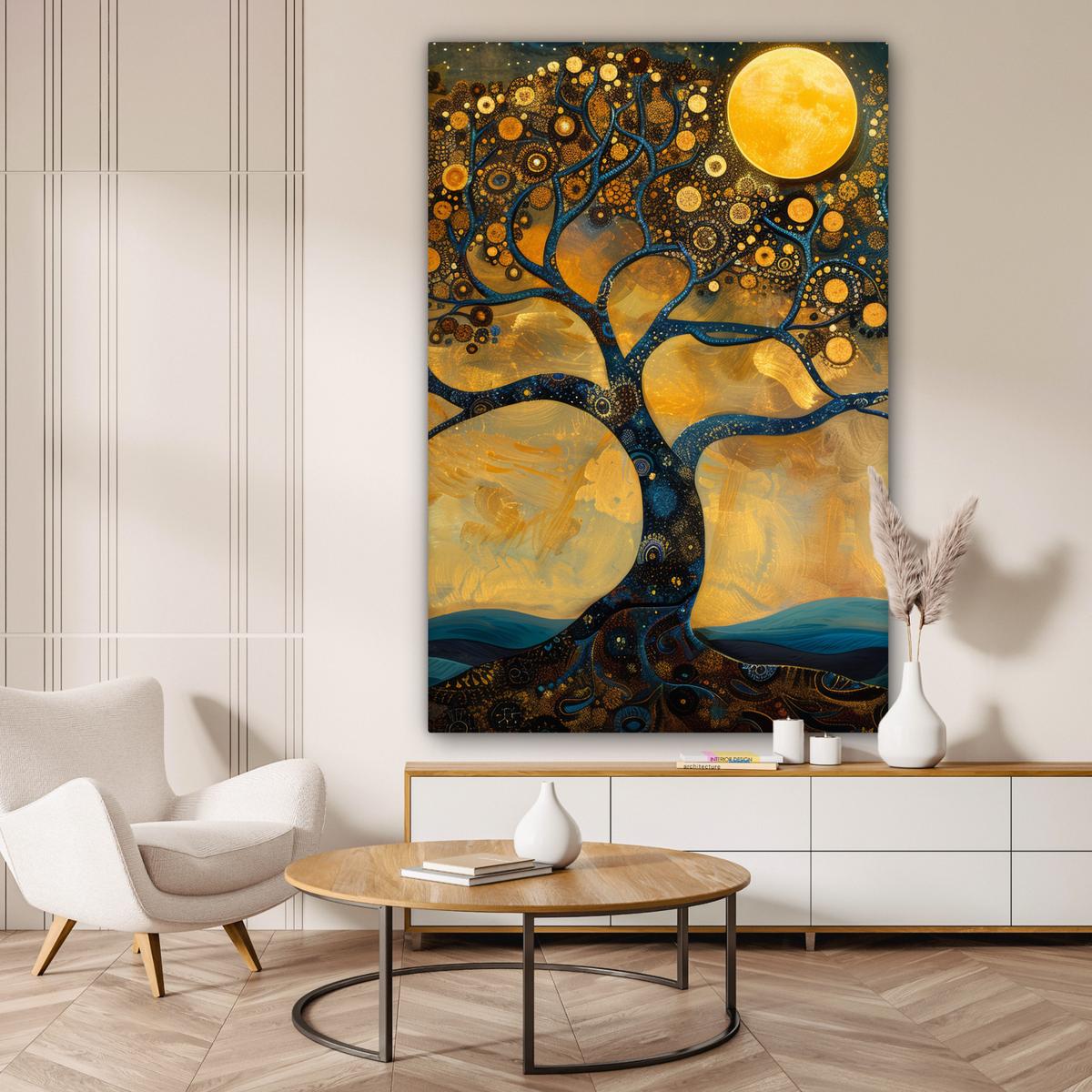 LEINWANDBILD Baum - Mond - Blumen - Gold - Kunst Deko Groß 90x140 cm - Orange, Textil (90/140cm) - MuchoWow