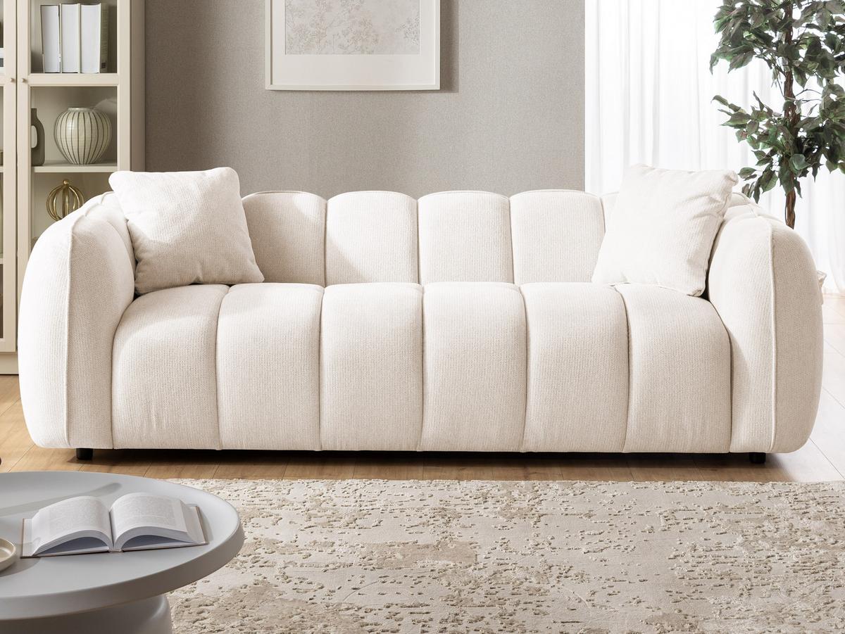 3-SITZER SOFA Nubira in tief gesteppter Bubble-Optik aus weichem Creme Strukturstoff im modernen Design - Creme/Schwarz, Holz/Kunststoff (228/69/89cm) - S-Style Möbel
