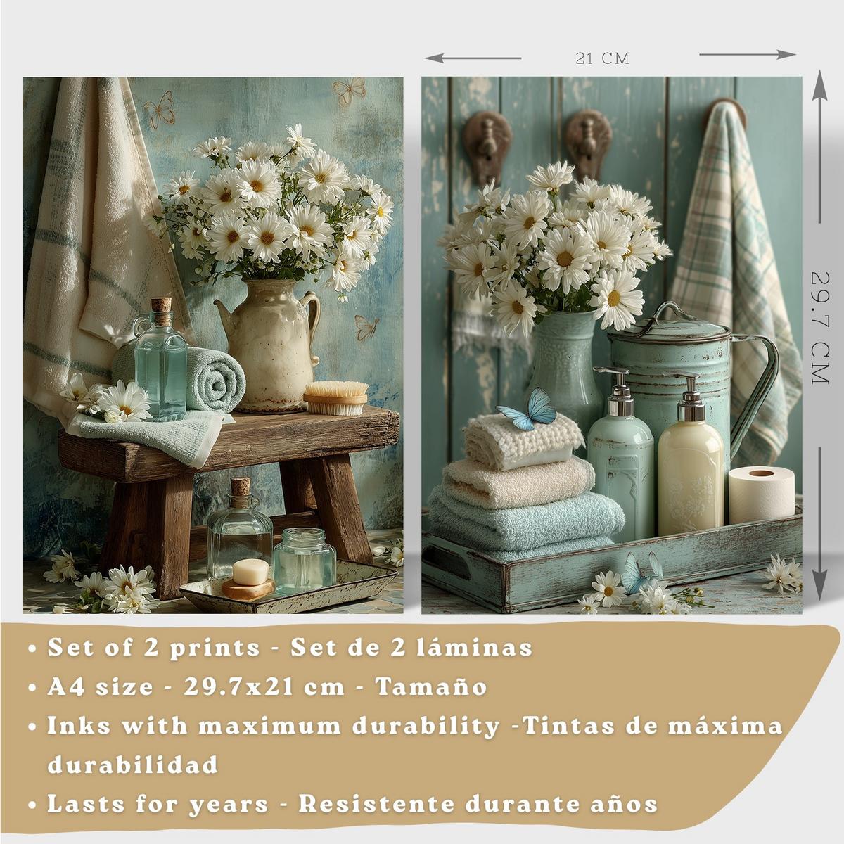 POSTER Set mit 2 dekorativen Badezimmer-Drucken, Shabby Chic Blumenposter für Wand, Waschbecken, romantische Dekoration mit Blumen Schwarzer Rahmen A4 - Schwarz, Papier (29.7/21/3cm) - Nacnic