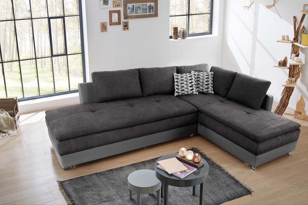 ECKSOFA-DAUERSCHLÄFER Doppelbett Boxspring Federkern Topper, Schwenkteil links B306/T223/H95 cm, Kunstleder Grau+Mikrofaser Anthrazit / 15105 - Chromfarben/Anthrazit, Kunststoff/Textil (306/223cm) - luma-home