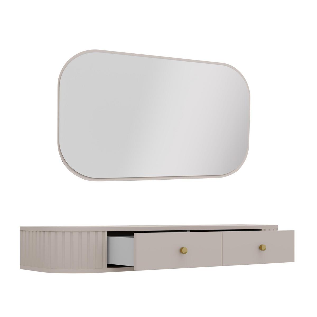 KONSOLENTISCH Halay Beige 2 Schubladen mit runden Kanten + Rechteckiger Spiegel - Beige/Goldfarben, Holzwerkstoff/Metall (36/123/17.5cm) - AX Living