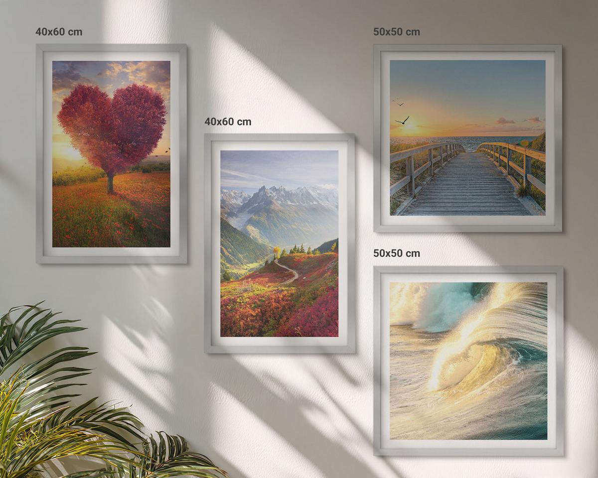 BILDER SET 4er Set - 50x50 cm & 40x60 cm Silberner Rahmen - Landschaften Berge Wellen Baum Herz Pier - Silberfarben, Kunststoff (50/50cm) - TULUP