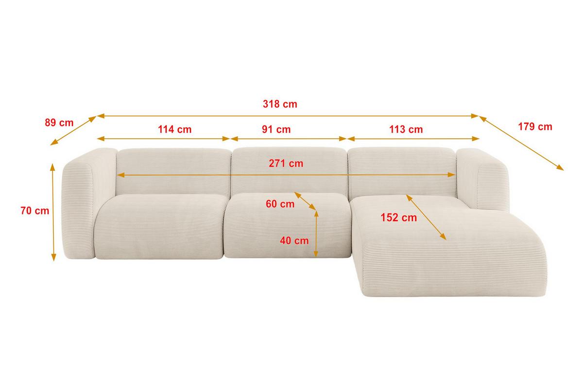 ECKSOFA Ottomane Rechts MIRA-L2 318x179x89 Beige Cord - Sandfarben/Beige, Holzwerkstoff/Kunststoff (318/179cm) - ALTDECOR