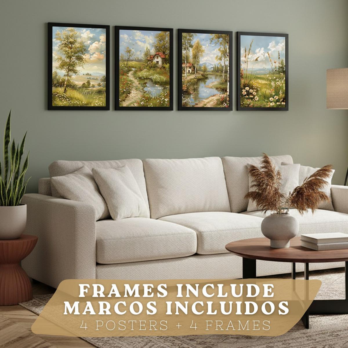 POSTER 4er Bilder-Set Wandbilder Impressionismus Landschaft modern Wohnzimmer Deko, Schlafzimmer, Küche, Badezimmer Schwarzer Rahmen A4 - Schwarz, Papier (29.7/1/21cm) - Nacnic