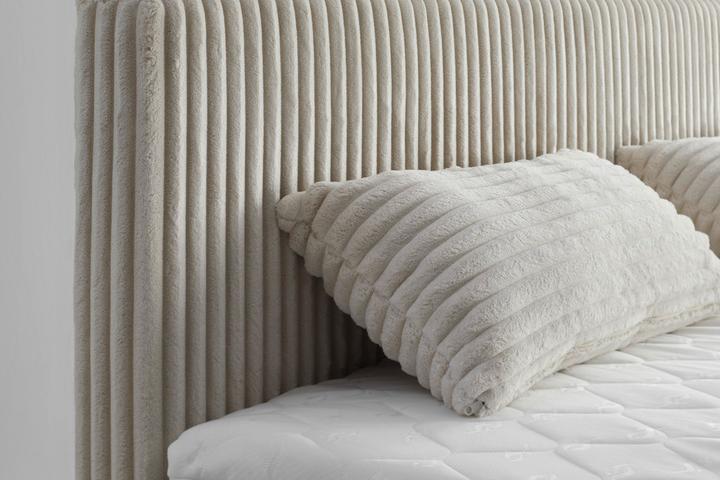 Boxspringbett beige gepolsterte Kopfteil Plüschtextil Topper Matratze Box Bonellfederkern
