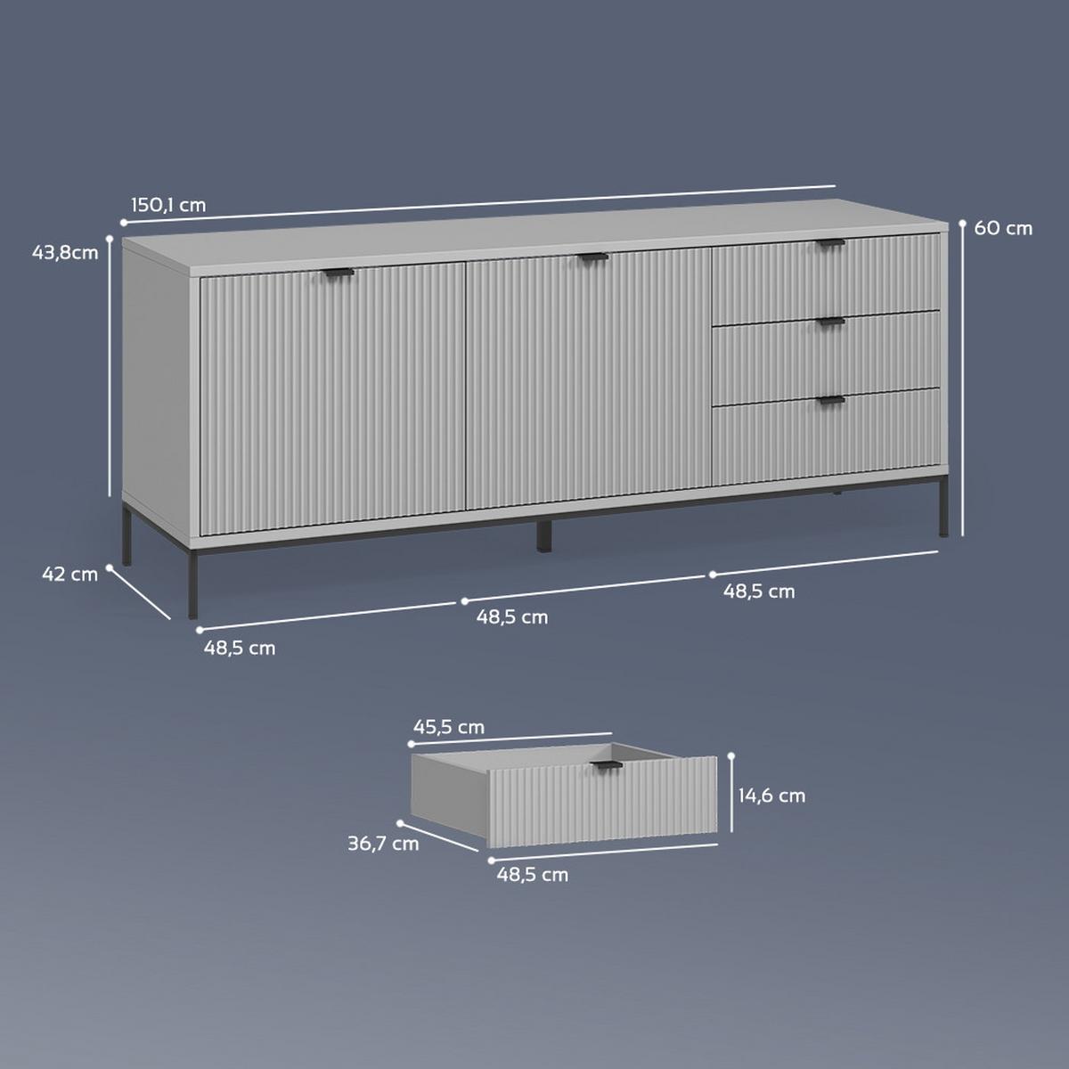 LOWBOARD Aterno Grau 150 x 60 cm mit 3 Schubladen, 2 Türen - Grau, Holzwerkstoff (150/60/42cm) - Livinity®