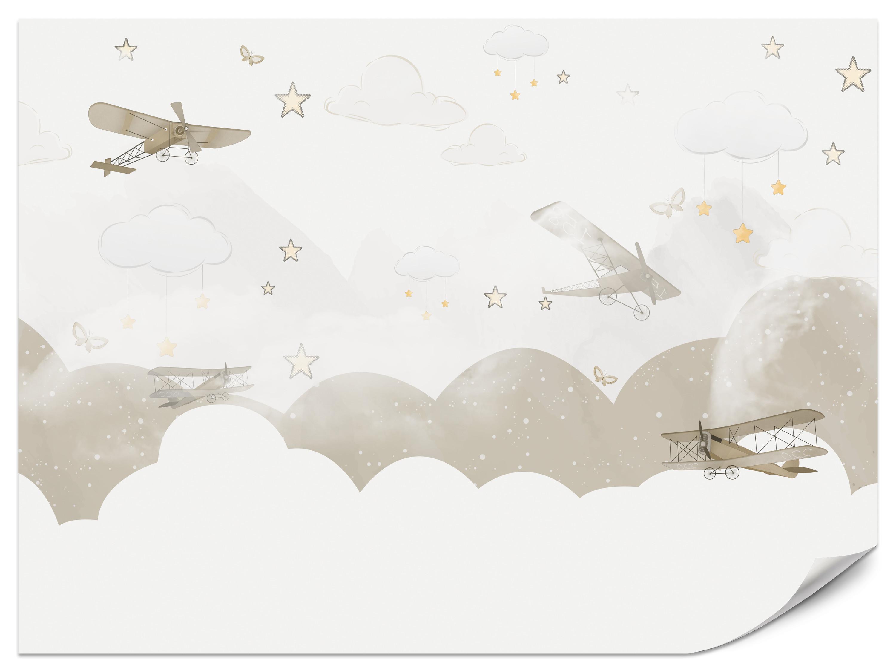 FOTOTAPETE für Kinderzimmer Flugzeuge Wolken Sterne Himmel 150x105 - Gelb/Beige, Papier (150/105cm) - Muralo