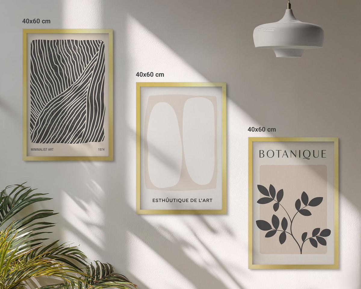 BILDER SET 3er Set - 40x60 cm Goldrahmen - Pflanzenmuster und Linien - Goldfarben, Kunststoff (40/60cm) - TULUP