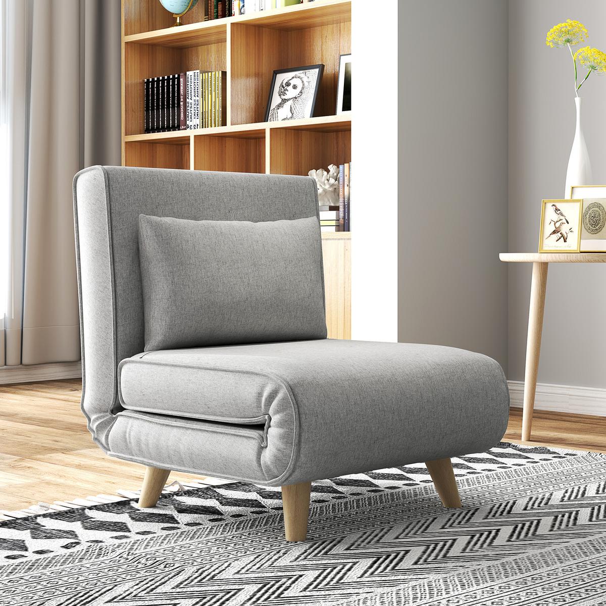 SCHLAFSESSEL, Klappbett mit Bettfunktion, Lendenkissen, für Wohnzimmer Hellgrau - Hellgrau/Naturfarben, Holz/Textil (78/79/72cm) - HOMCOM