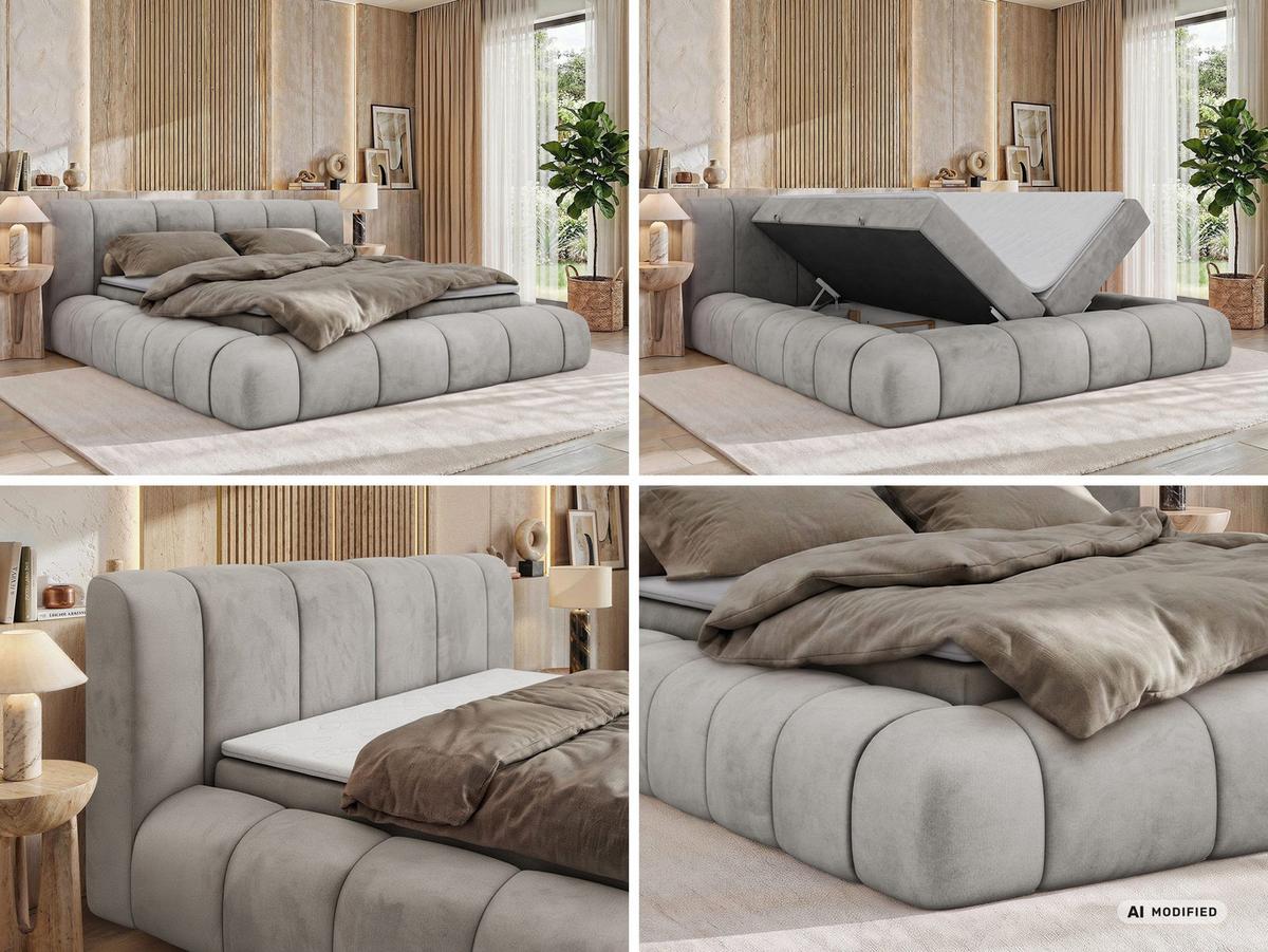 BOXBETT NUBEA 140/200 - Hellgrau Velvet - Topper T25 - H3 - Hellgrau/Schwarz, Kunststoff/Textil (140/200cm) - MKS