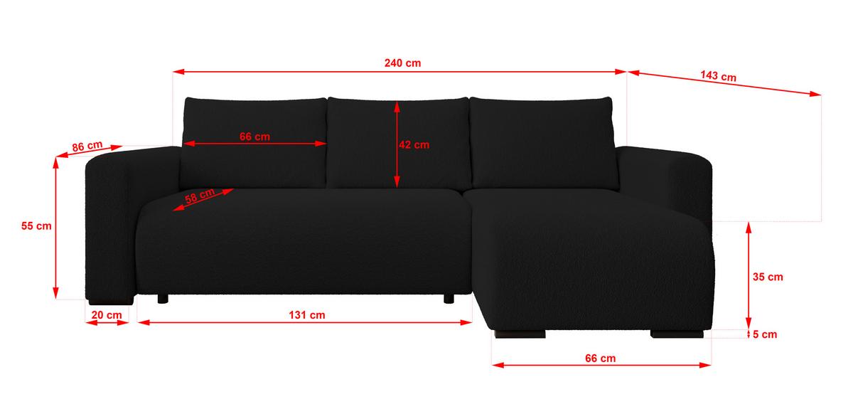 ECKSOFA DORA L, Eckcouch in L-Form mit Schlaffunktion und Bettkasten, Farbe: Schwarz, Bouclé-Stoff, Ottomane Rechts - Schwarz, Textil (240/143cm) - Storez24