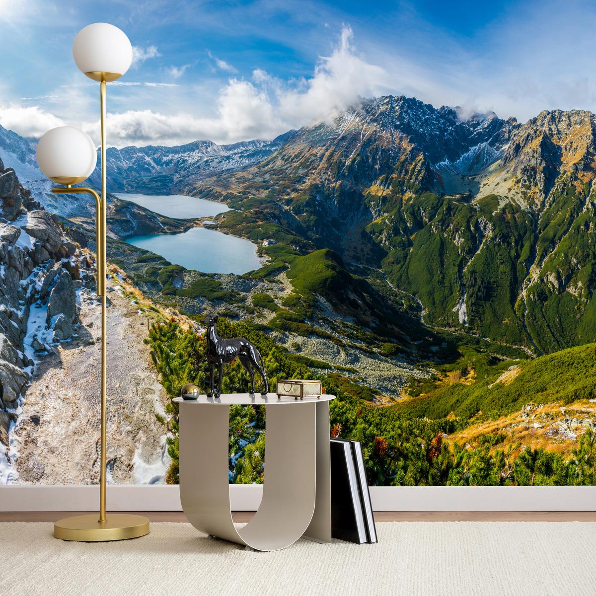 FOTOTAPETE für Wohnzimmer Tal der Fünf Polnischen Seen Gebirge 200x140 - Blau/Gelb, Papier (200/140cm) - Muralo
