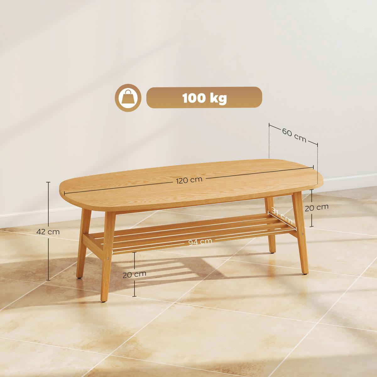 COUCHTISCH Mehrschichtplatte Kautschukbaumholz Naturholz - Naturfarben, Holz/Holzwerkstoff (120/60/42cm) - HOMCOM