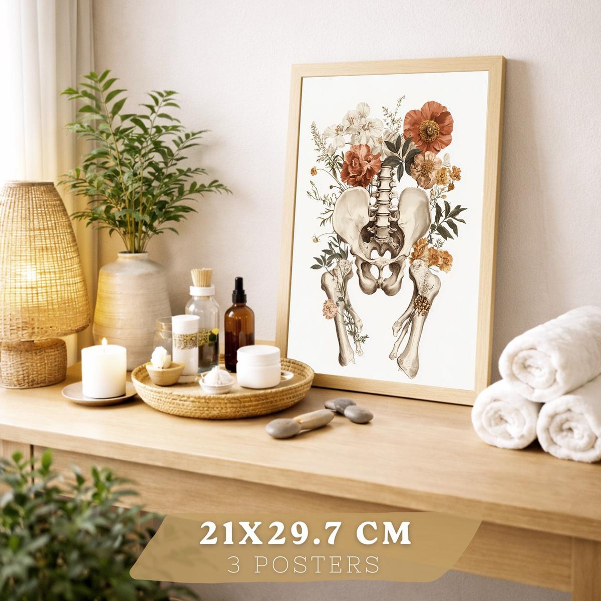 POSTER Set aus 3 Anatomie Mensch Florale Vintage Drucke und Wandbilder mit Herz Brustkorb und Becken Wanddekoration Größe Leichter Holzrahmen A4 - Beige, Papier (21/29.7/3cm) - Nacnic